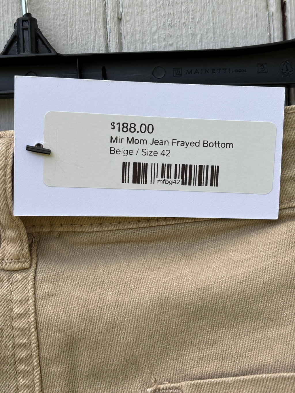 Paris Pop New York original hang tag showing retail price $188 and style name Mir Mom Jean Frayed Bottom size 42
