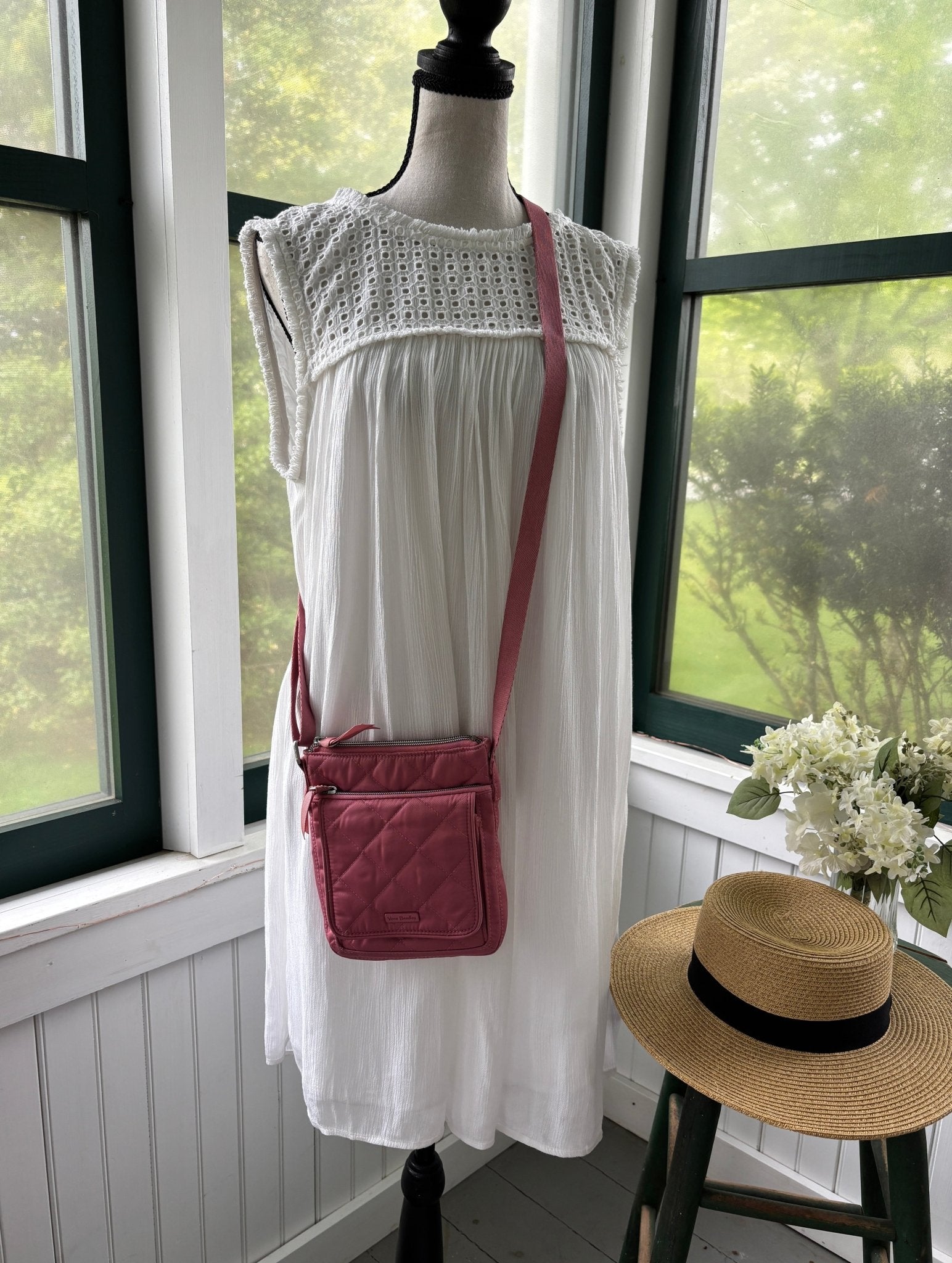 Vera Bradley dusty pink quilted crossbody bag styled on mannequin pre-loved crossbody bags Sassy and Chic
