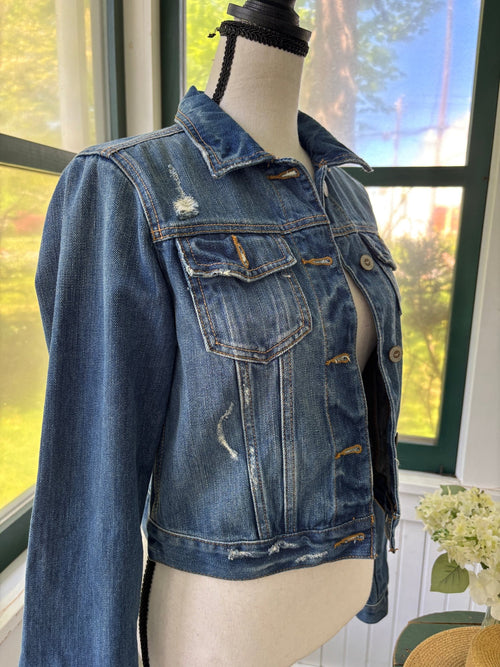 Hollister cropped distressed denim jacket side view distressed details like new Sassy and Chic
