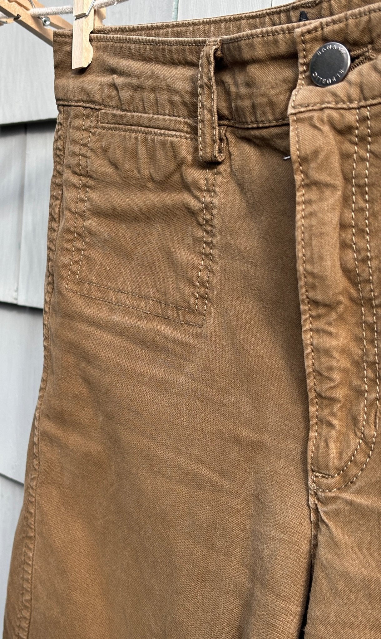Banana Republic wide leg cropped khaki pants detail close up brown khaki fabric like new Sassy and Chic