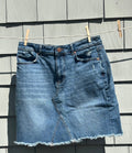 LOFT medium wash denim mini skirt front view high rise waistband pre-loved skirts Sassy and Chic
