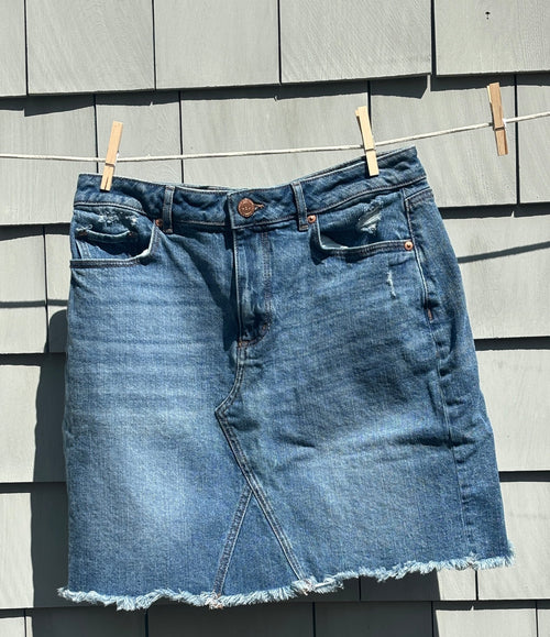 LOFT medium wash denim mini skirt front view high rise waistband pre-loved skirts Sassy and Chic