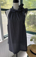 Juicy Couture navy polka dot top front view flowy silhouette scalloped hem like new Sassy and Chic
