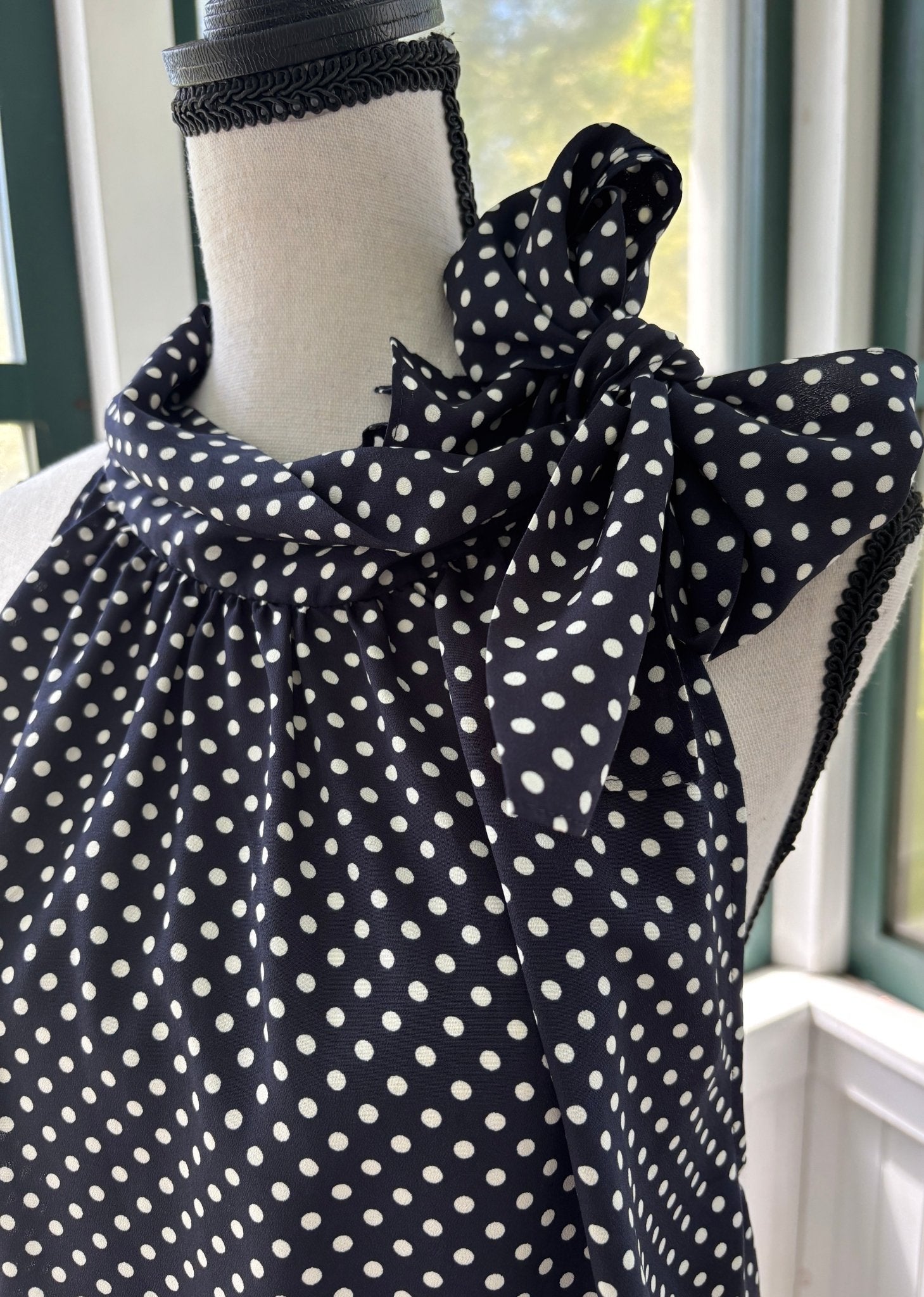 Juicy Couture navy polka dot top detail close up ruffle tie bow neck pre-loved tops Sassy and Chic