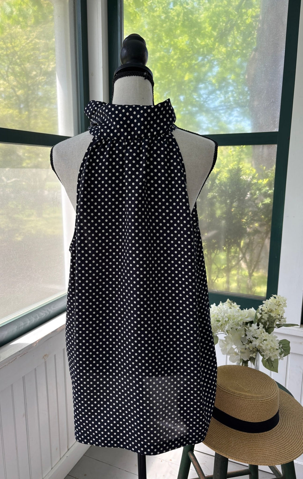 Juicy Couture navy polka dot top back view sleeveless silhouette like new Sassy and Chic