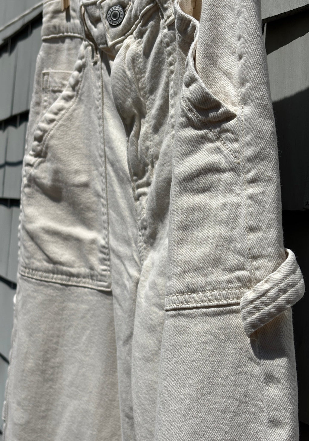 AEO cream wide leg carpenter pants, close up size 10S - Sassy and Chic
