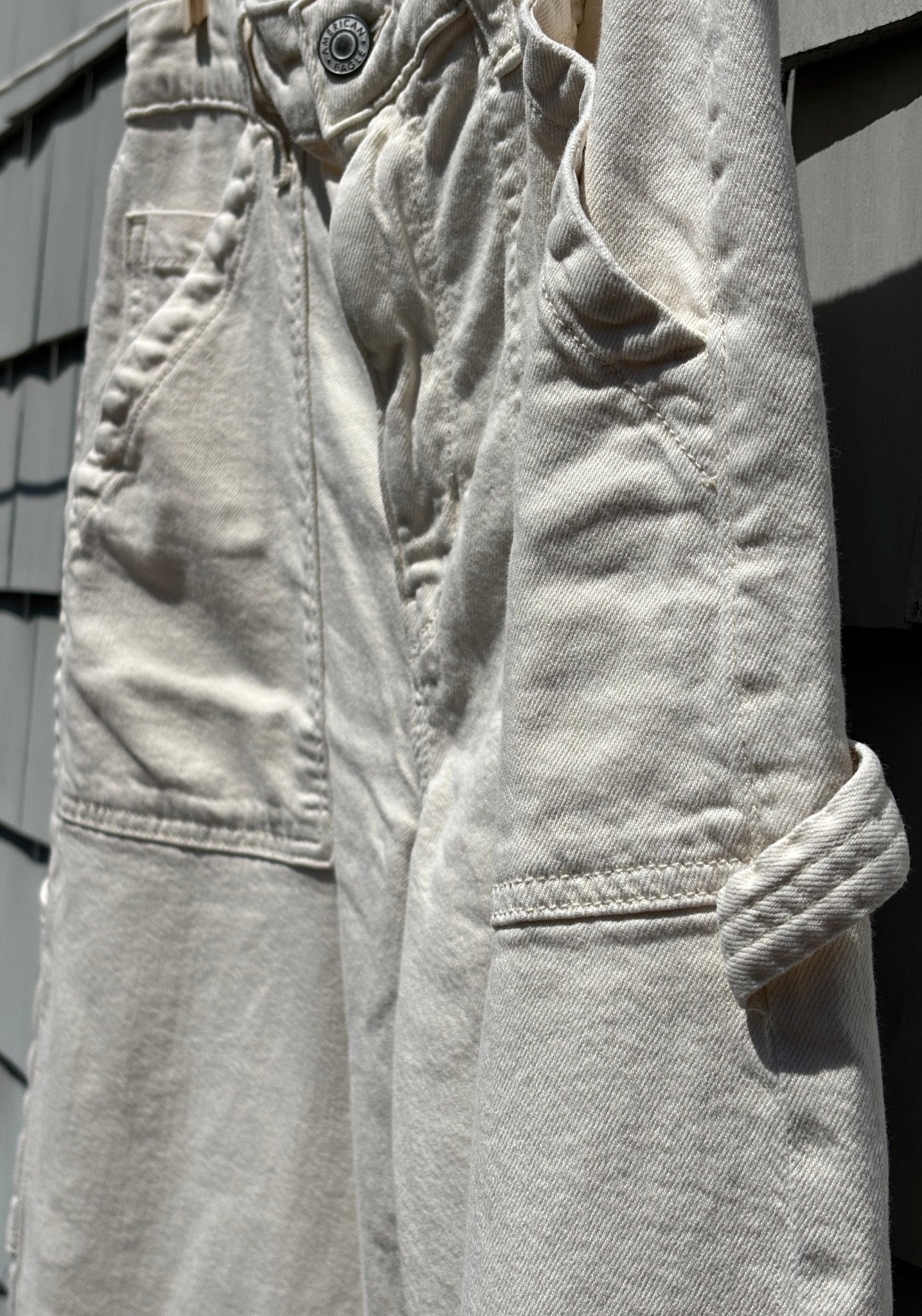 AEO cream wide leg carpenter pants, close up size 10S - Sassy and Chic