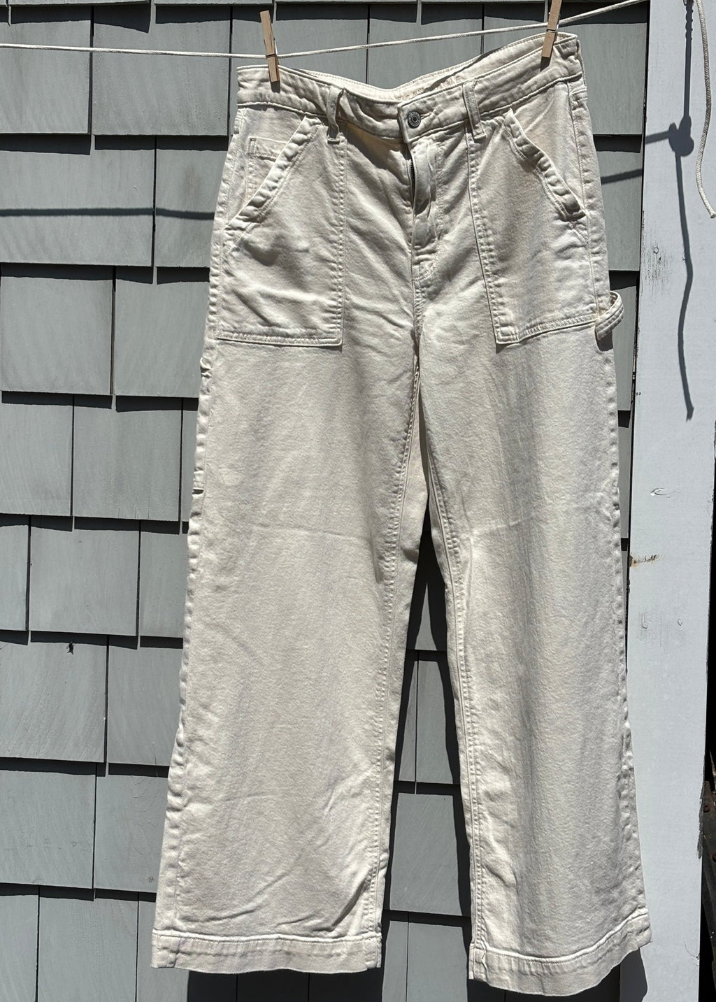 AEO cream wide leg carpenter pants, front view, Size 10S - Sassy and Chic