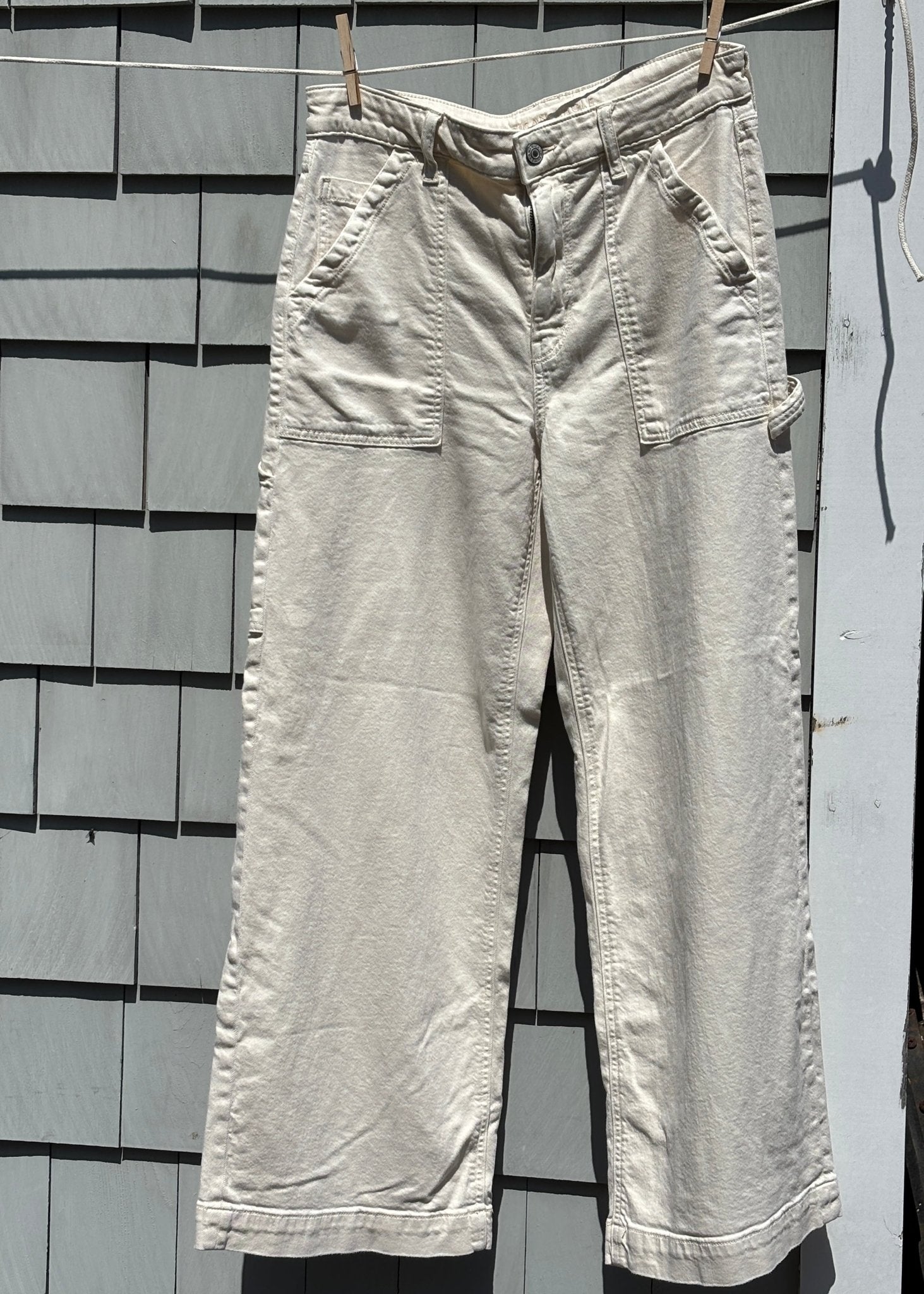 AEO cream wide leg carpenter pants, front view, Size 10S - Sassy and Chic