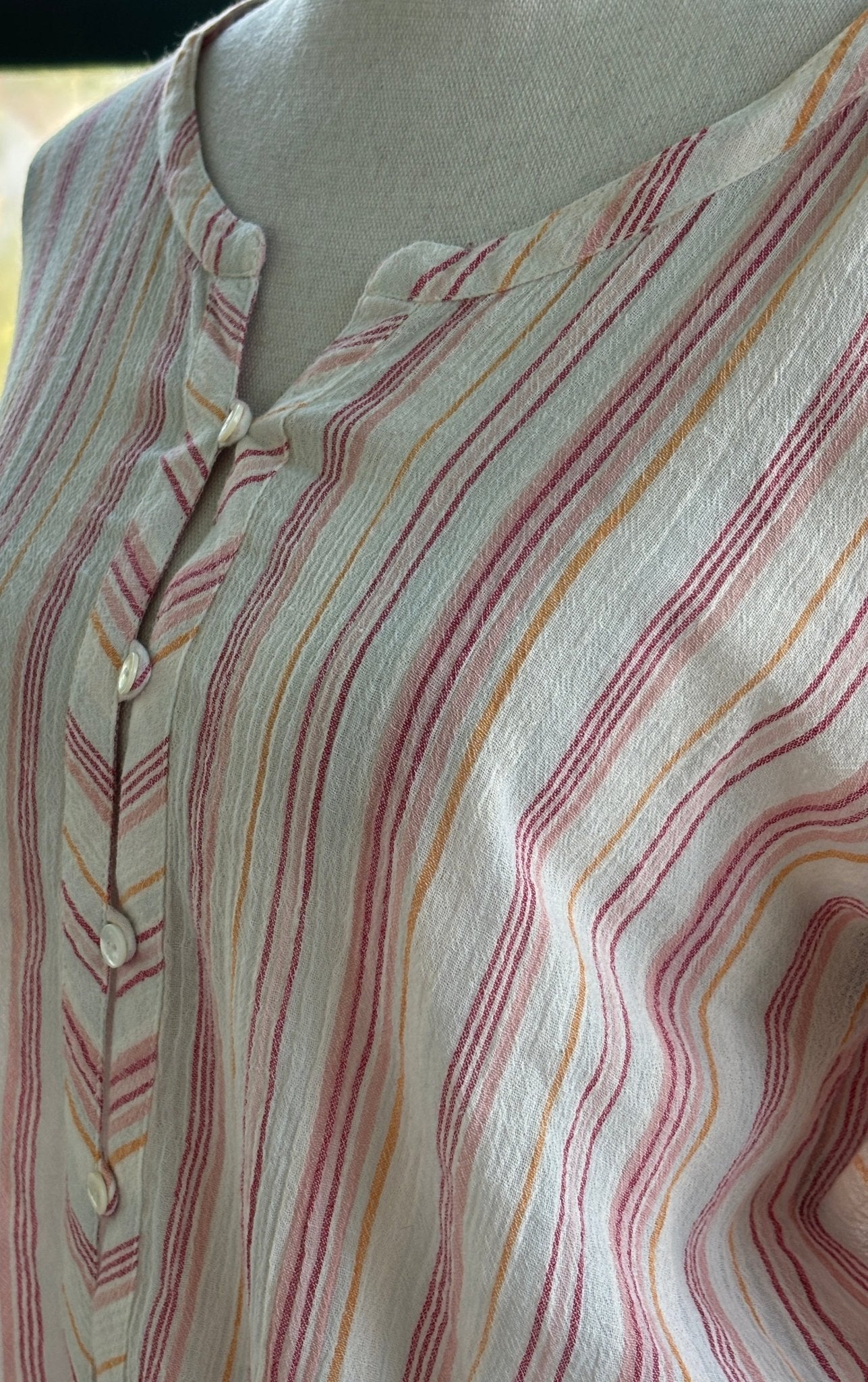 Calypso St Barth striped boho blouse detail close up ruffle neckline button placket Sassy and Chic