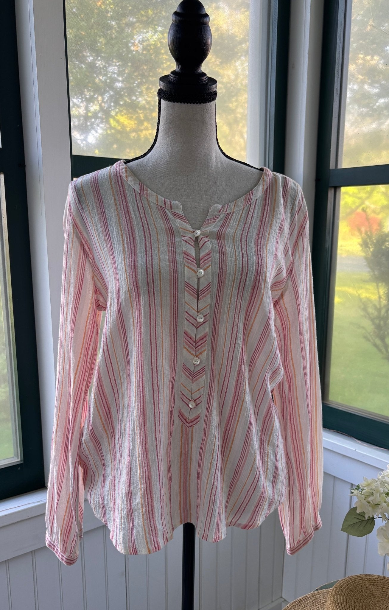 Calypso St Barth striped boho blouse front view V-neckline pre-loved tops like new Sassy and Chic