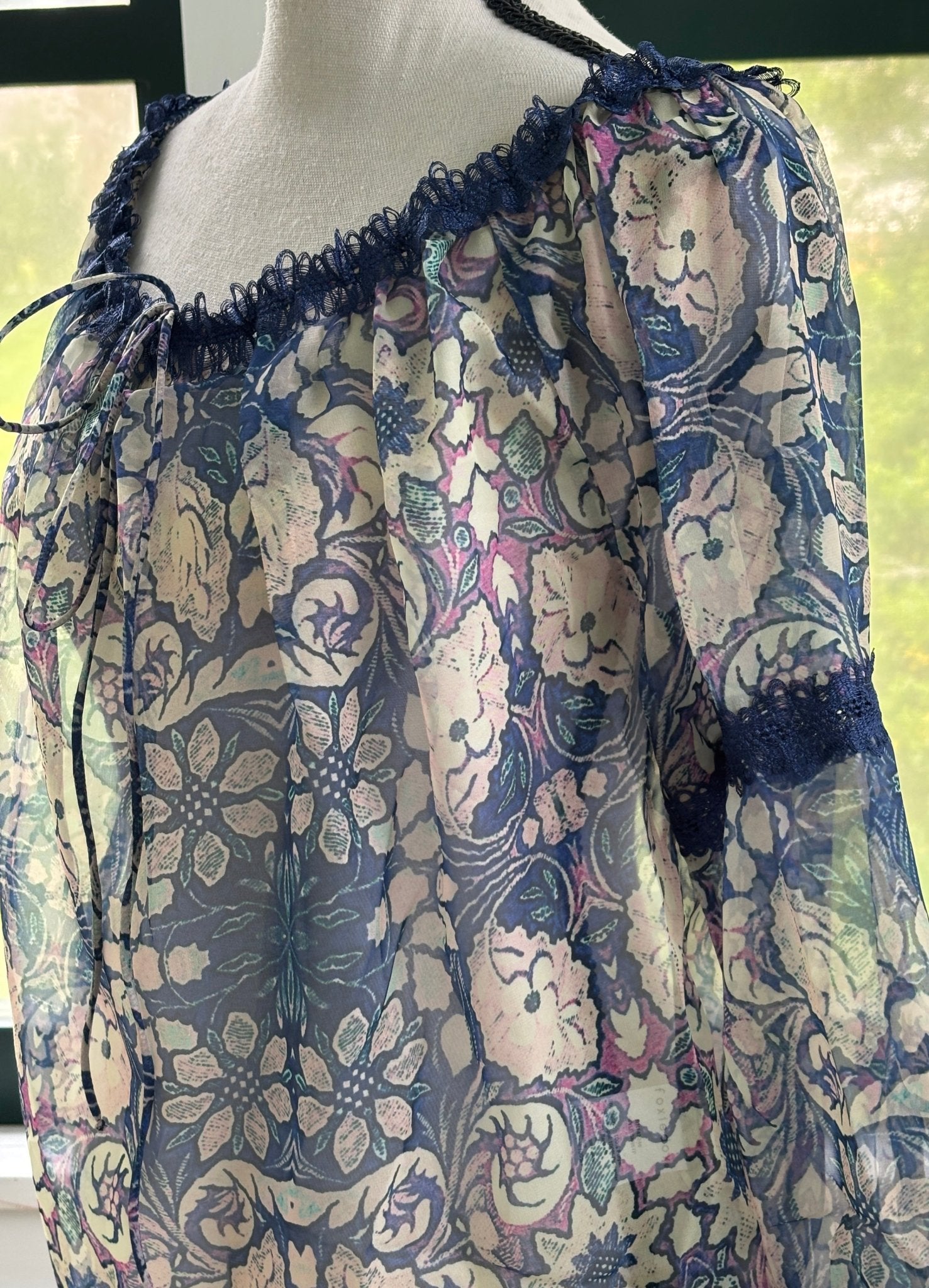 Foxiedox navy floral peasant blouse lace trim neckline shoulder tie detail