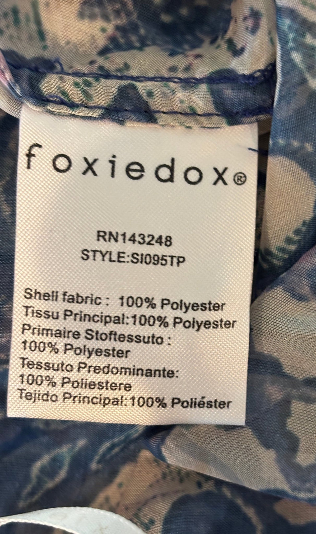 Foxiedox pristine boho top fabric label 100% polyester style SI095TP NWT