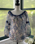 Foxiedox navy floral peasant blouse front view size medium NWT