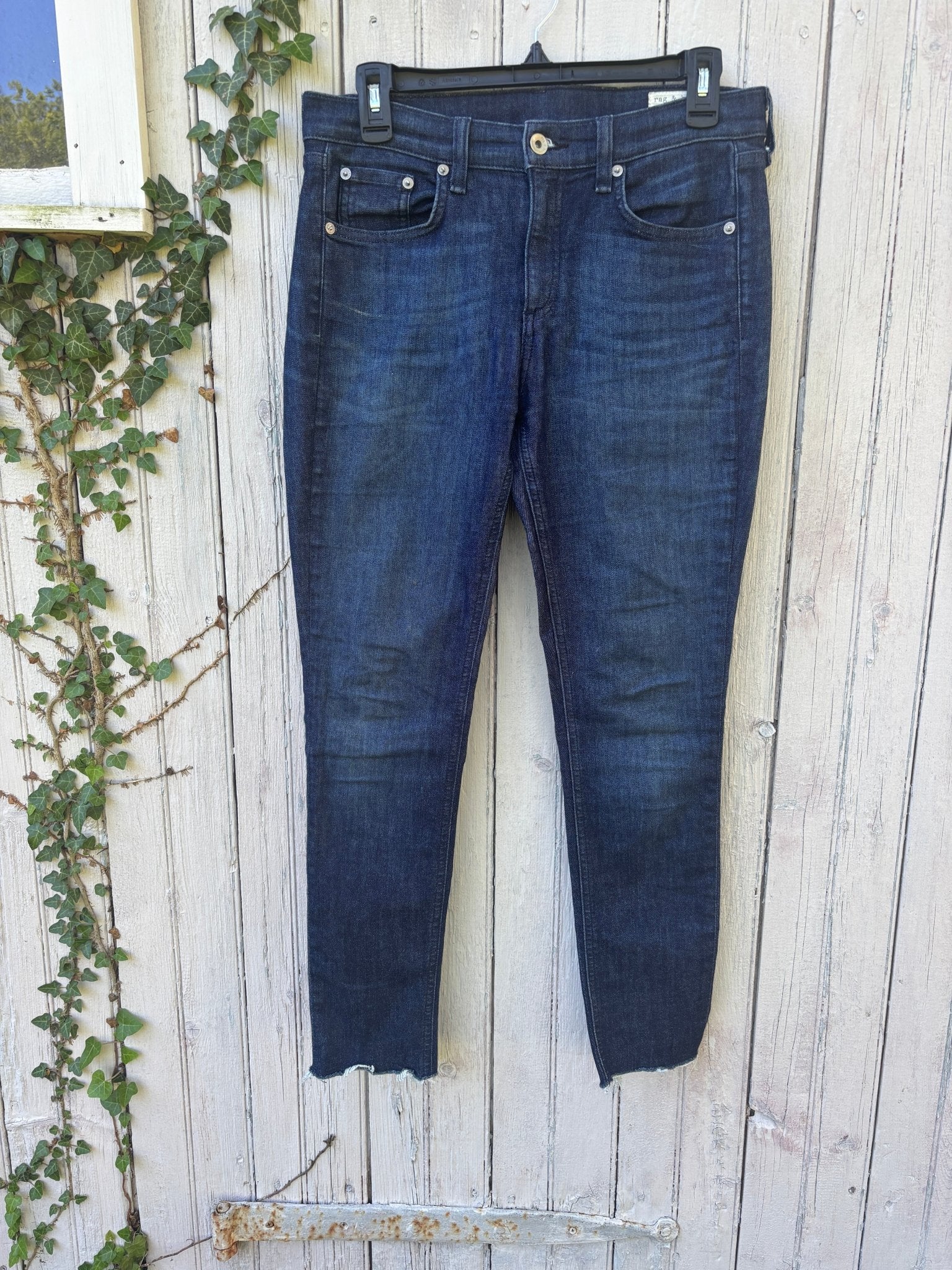 Rag and Bone Ankle Skinny jeans size 29 dark indigo raw hem front view