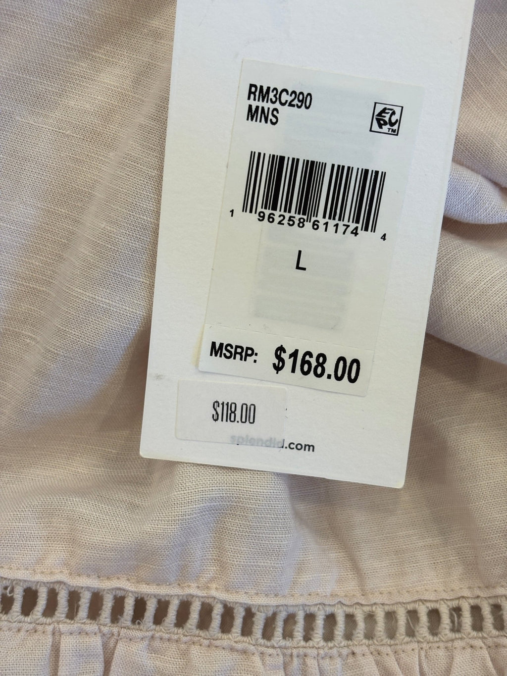 Splendid Collection hang tag showing MSRP $168 and size Large