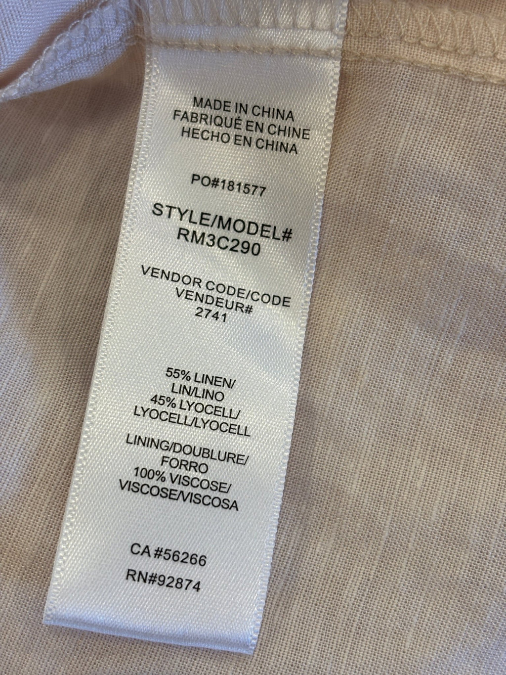 Interior care and fabric label — 55% linen 45% lyocell shell, 100