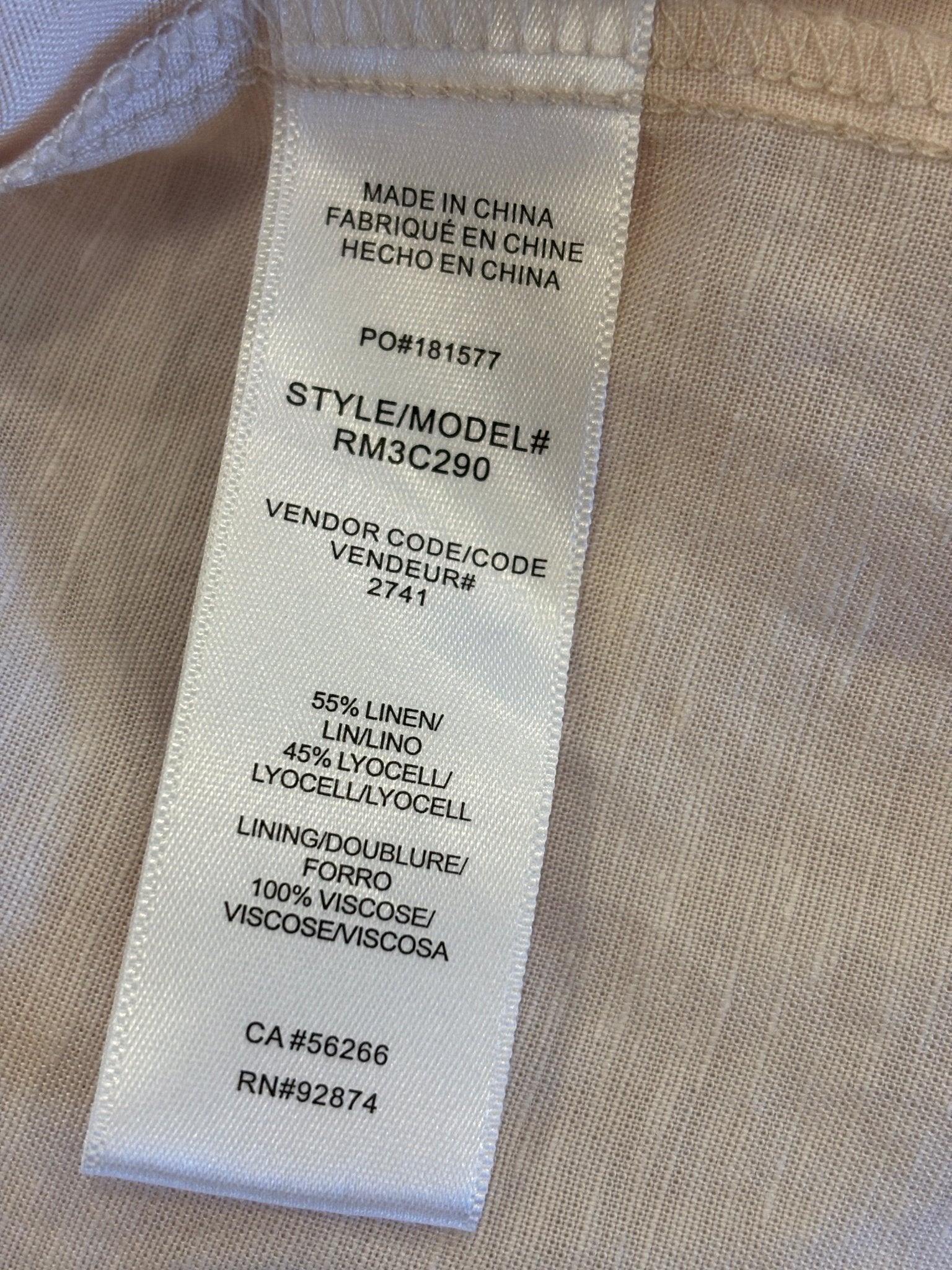 Interior care and fabric label — 55% linen 45% lyocell shell, 100