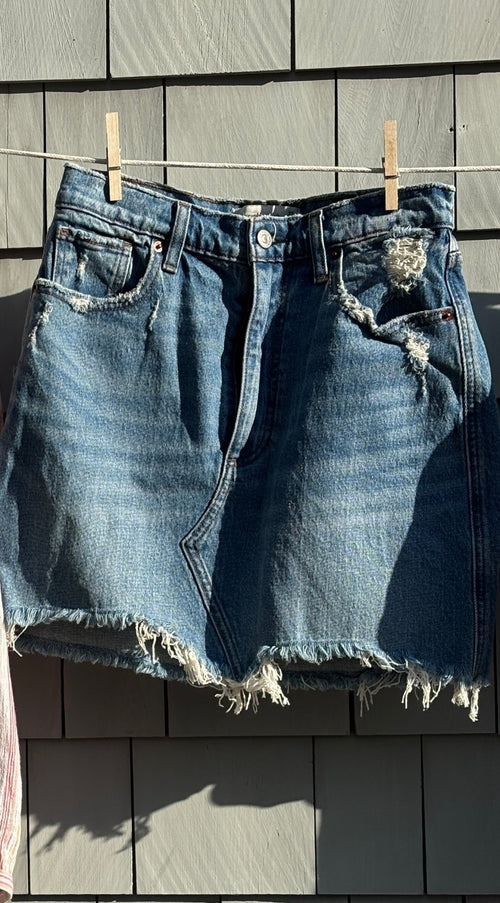 Abercrombie Curve Love high rise denim mini skirt front view distressed details thrifted denim skirts Sassy and Chic