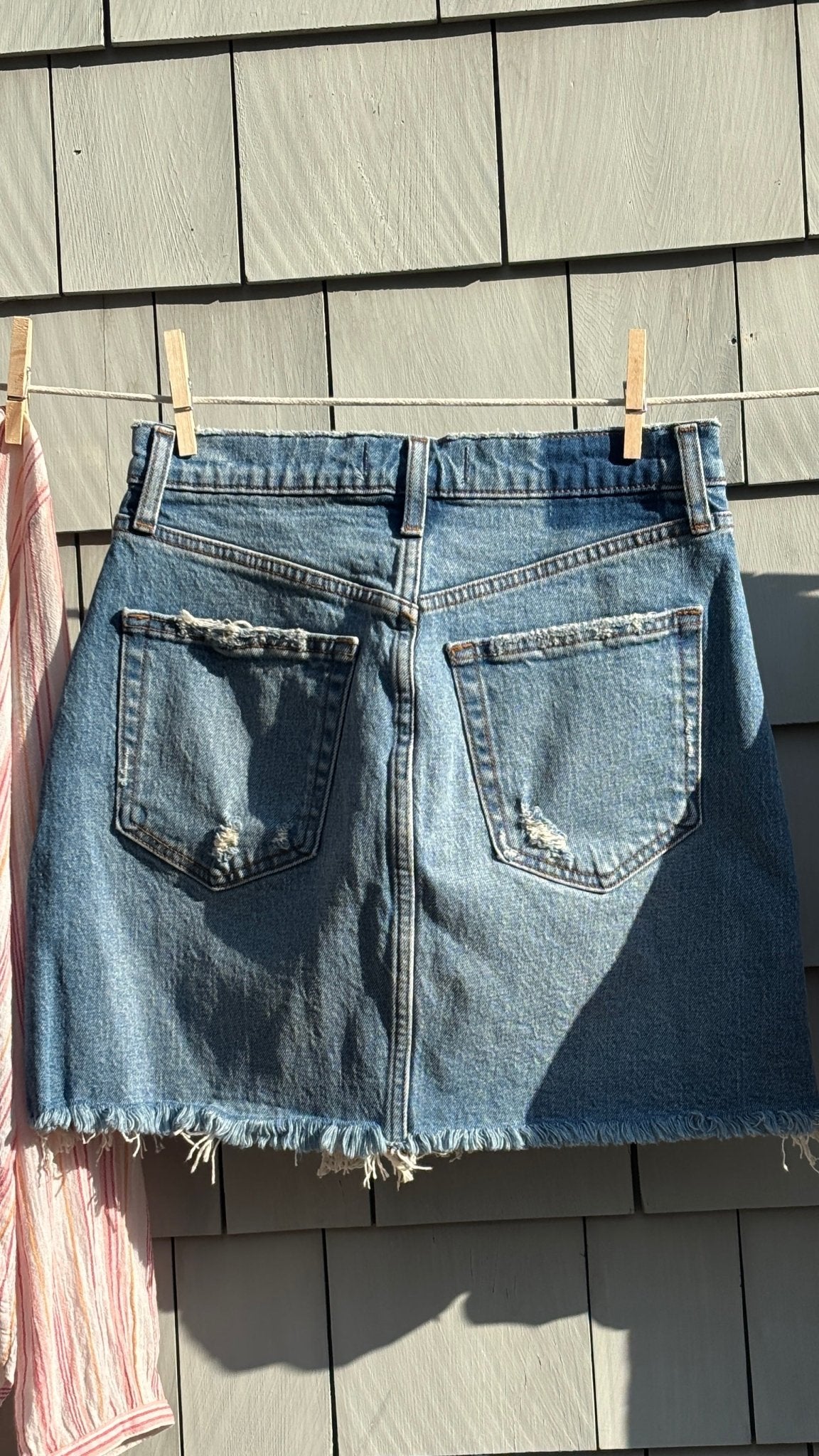 Abercrombie Curve Love high rise denim mini skirt back view frayed hem brand new tags Sassy and Chic