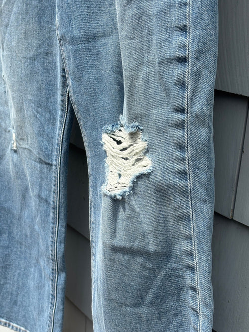 Joe's Jeans thrifted designer denim distressed knee detail close up medium wash NWT