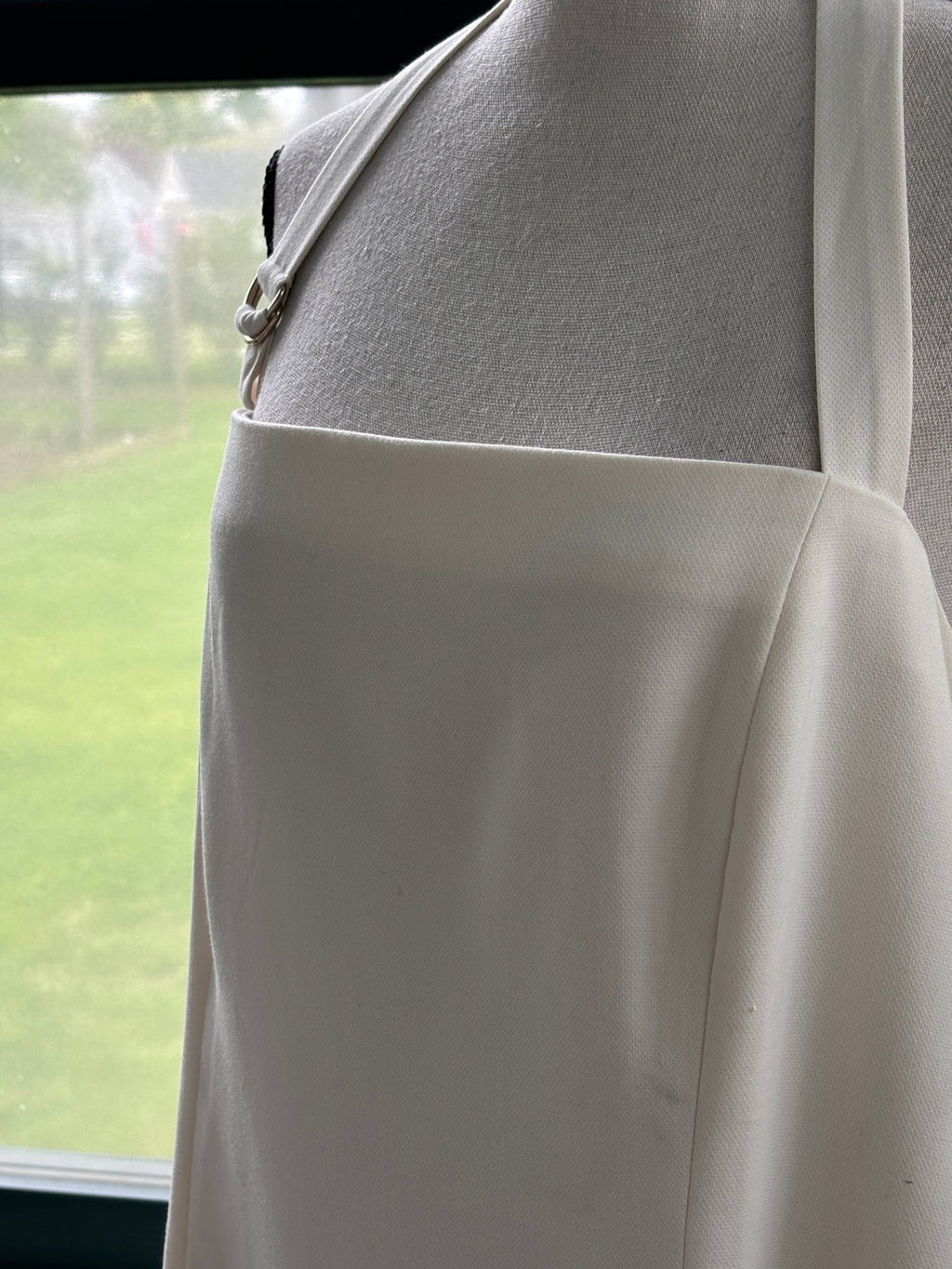 Abercrombie Fitch cream halter mini dress silver ring hardware detail thrifted dresses Sassy and Chic