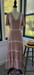 Mia Joy dusty mauve maxi dress ivory lace trim front view thrifted dresses new with tags Sassy and Chic