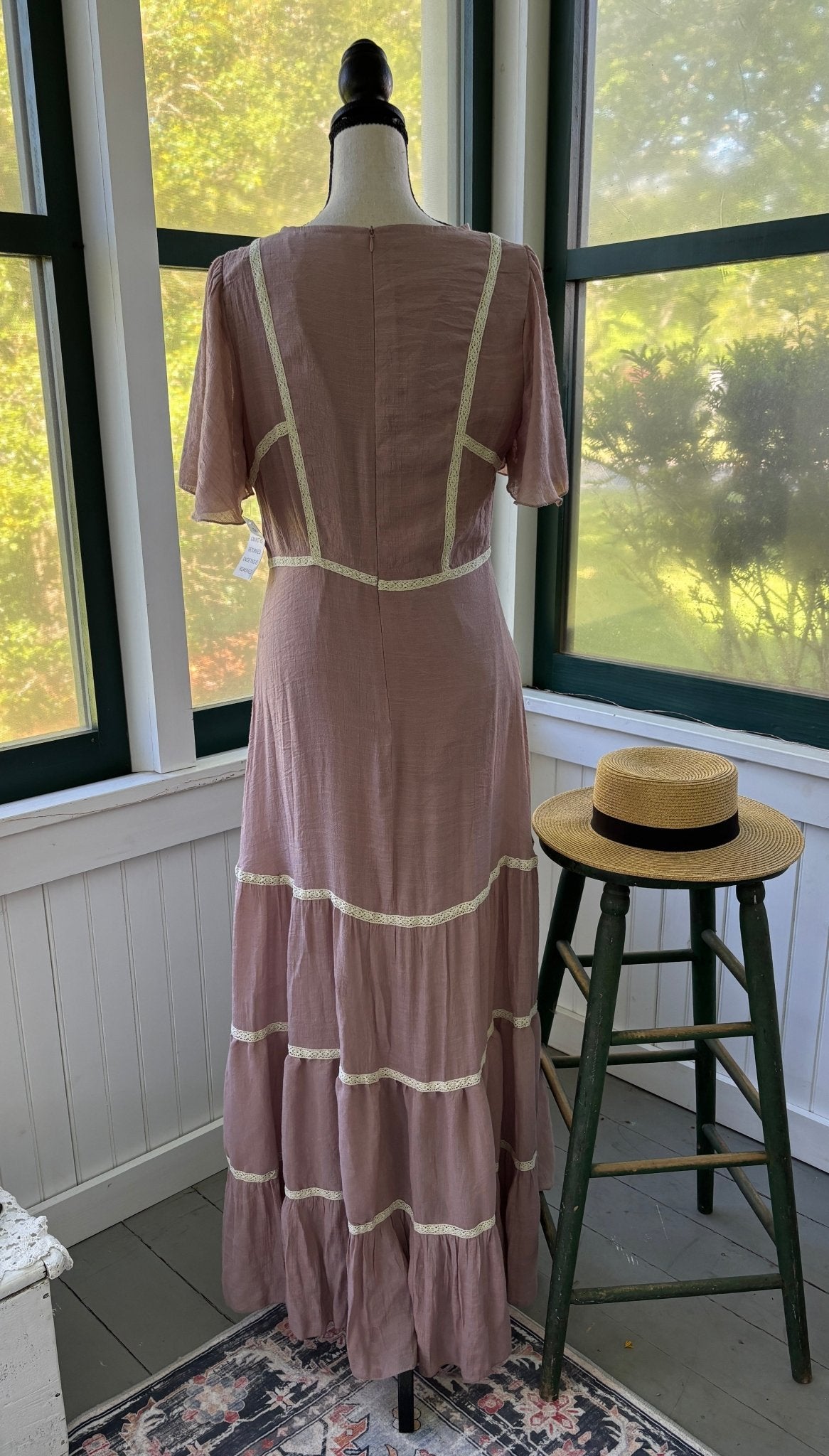 Mia Joy dusty mauve maxi dress back view tiered skirt thrifted dresses new with tags Sassy and Chic