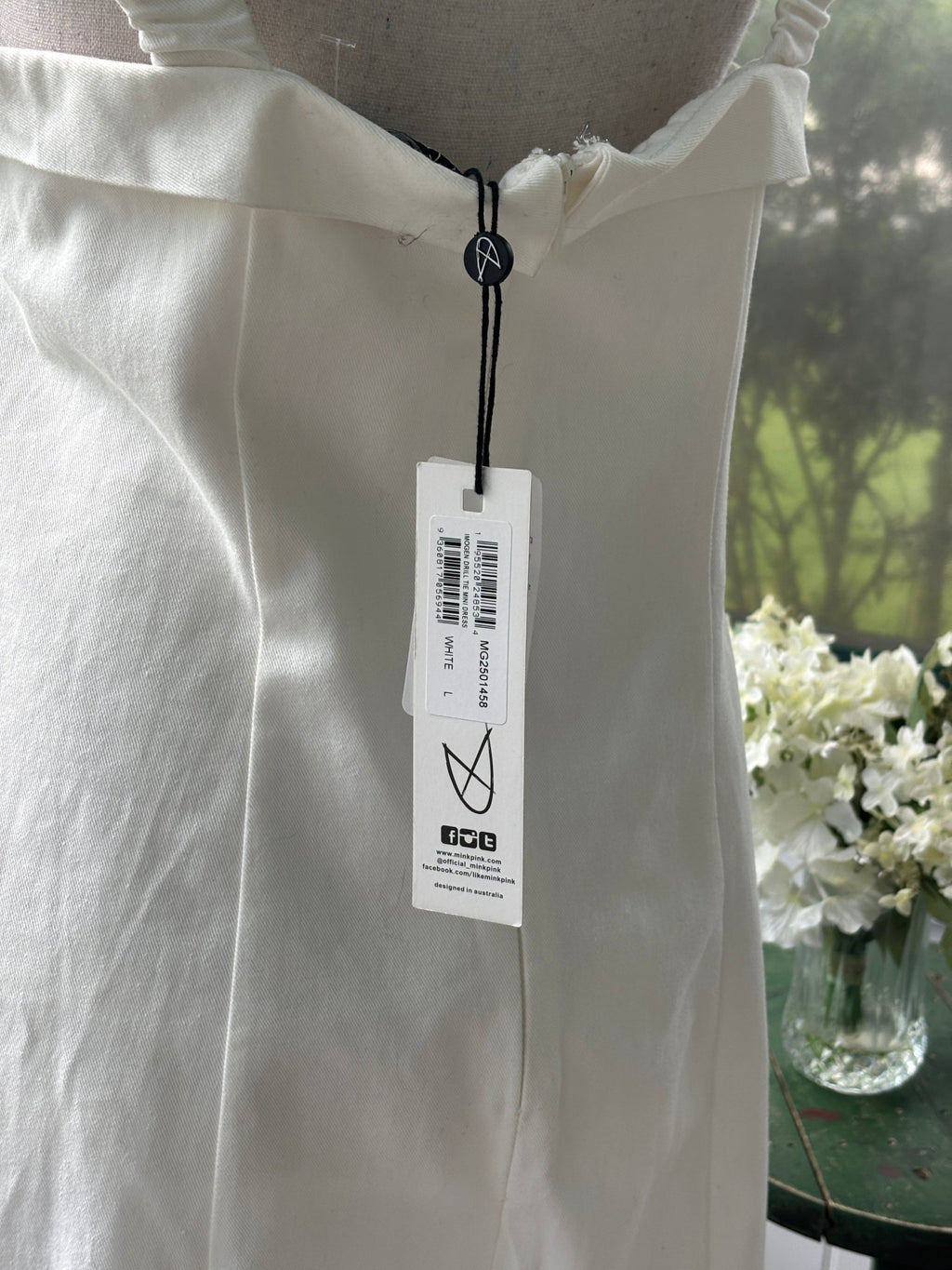 Minkpink Imogen Drill Tie Mini Dress hang tag white size large thrifted dresses Sassy and Chic