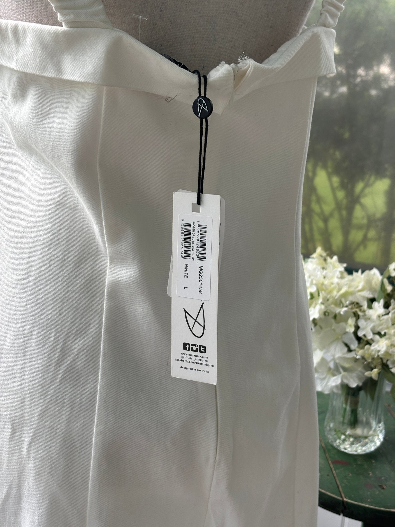Minkpink Imogen Drill Tie Mini Dress hang tag white size large thrifted dresses Sassy and Chic
