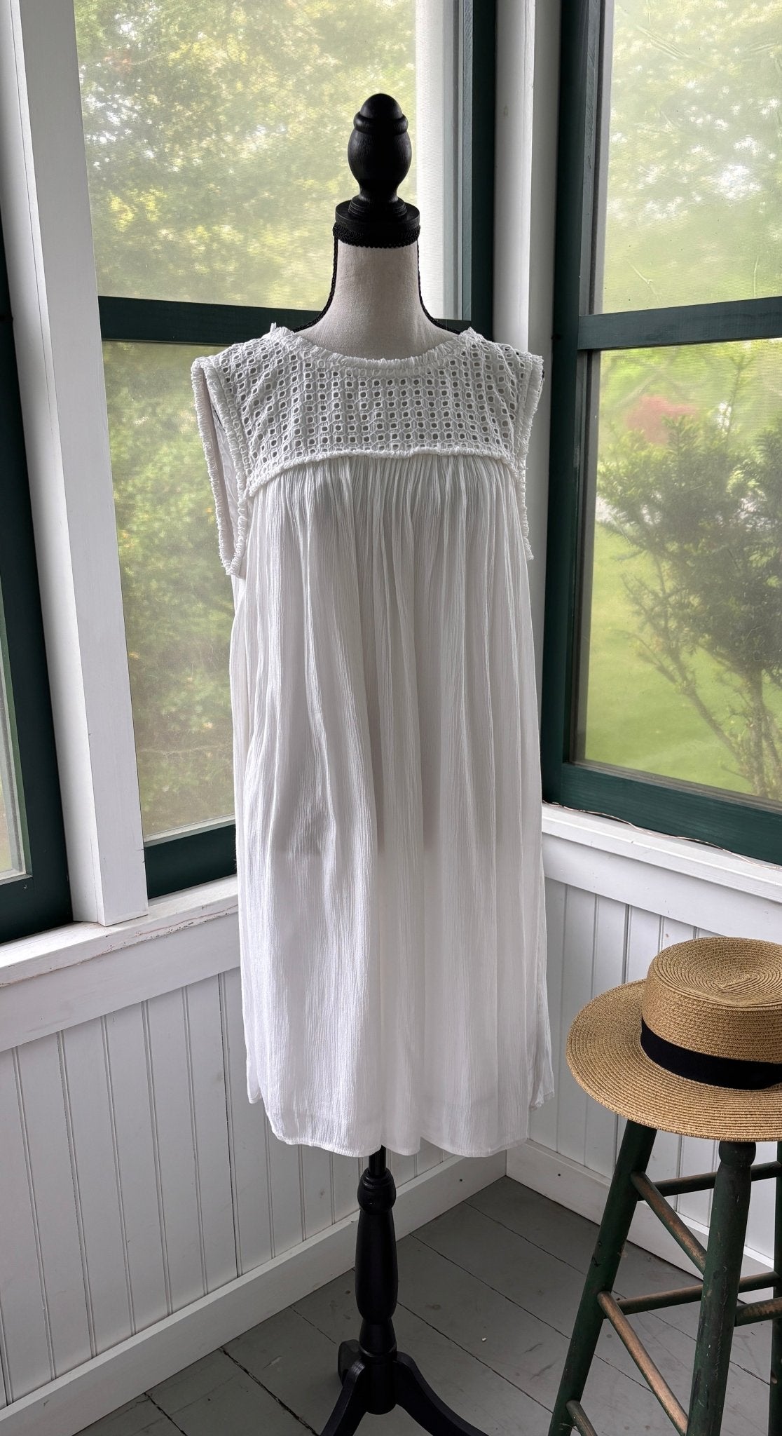 Tommy Bahama white crinkle rayon sleeveless dress full view thrifted dresses new with tags Sassy and Chic