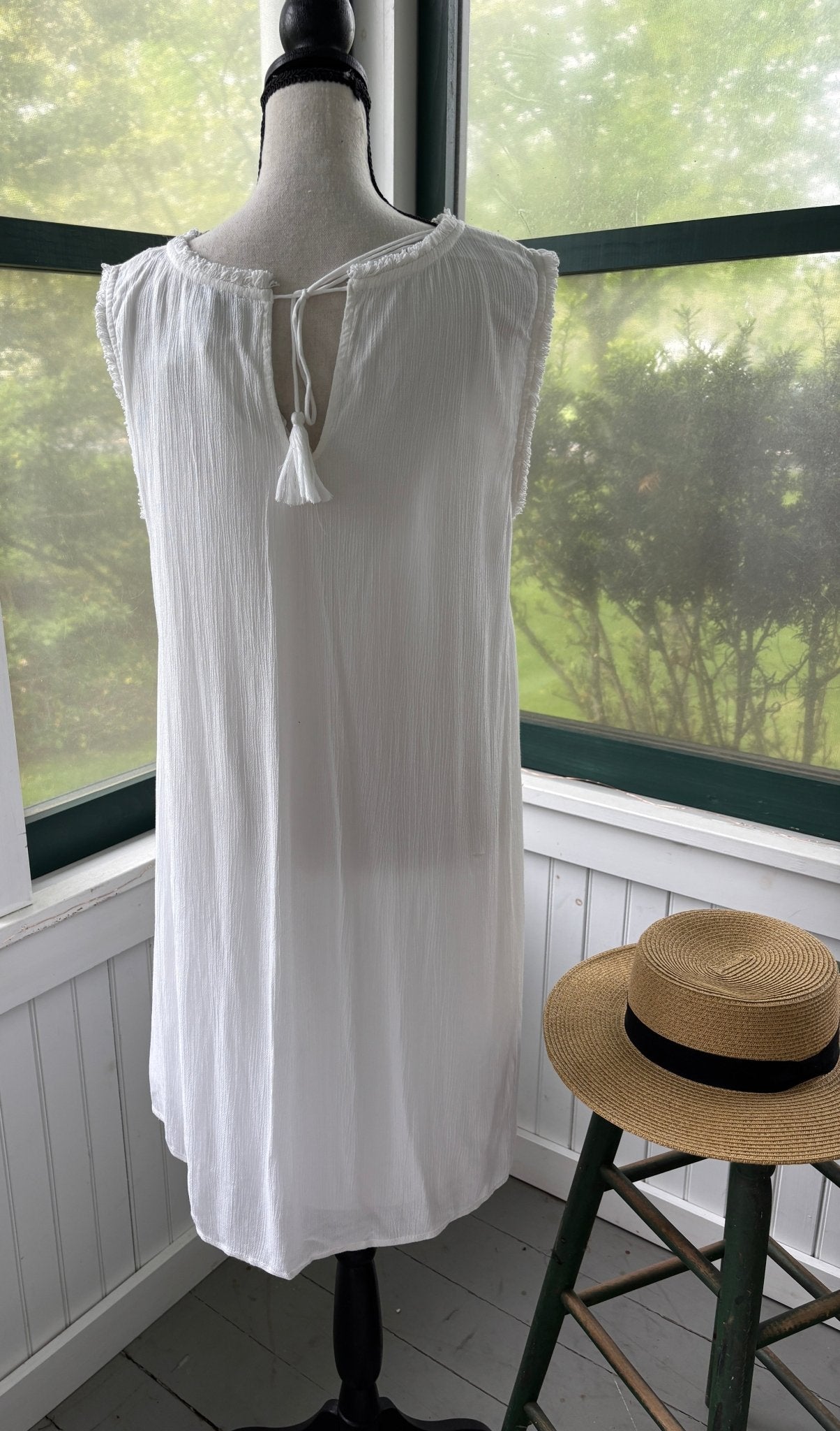 Tommy Bahama white sleeveless dress back view tassel tie thrifted dresses new with tags Sassy and Chic