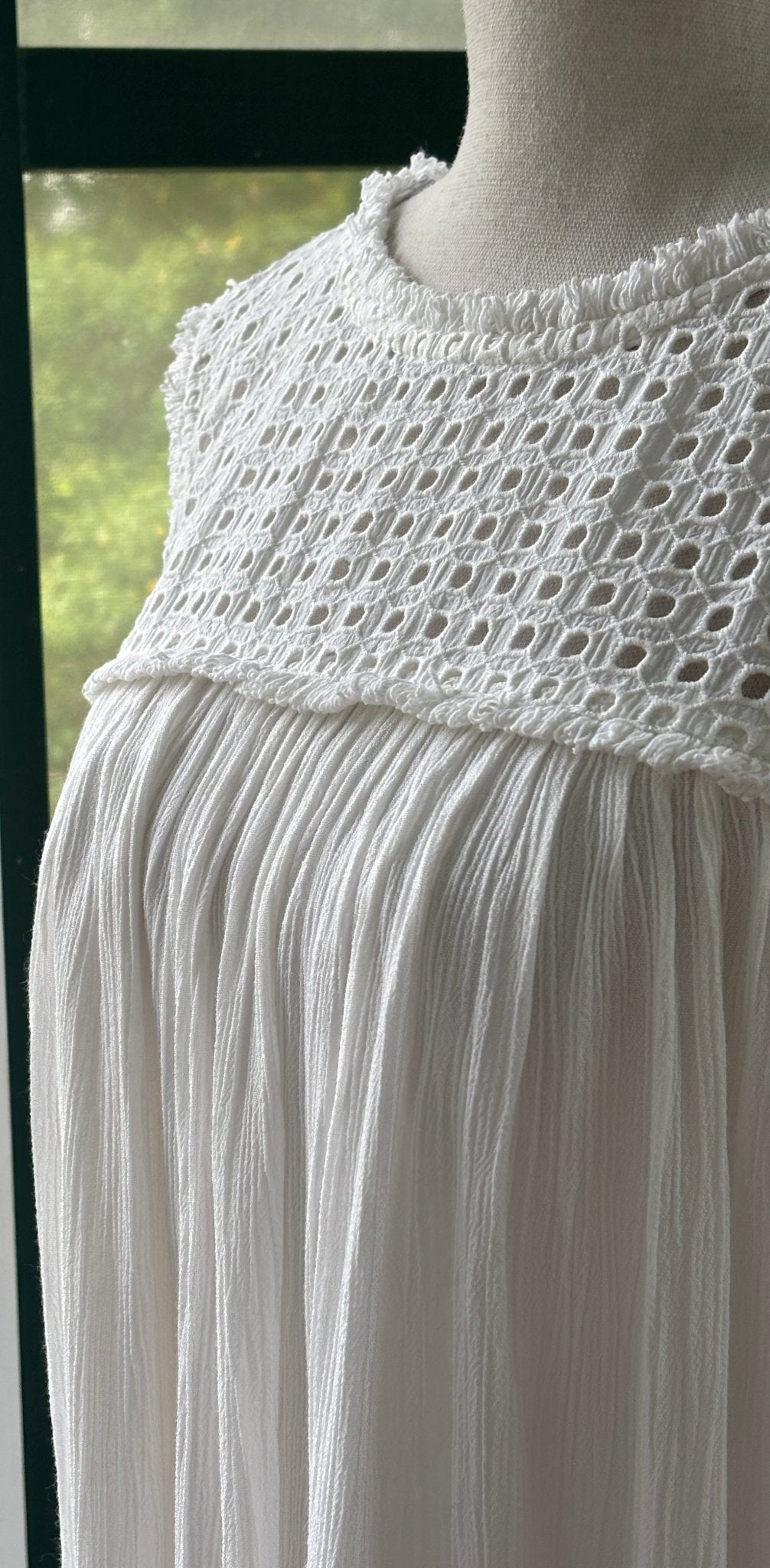 Tommy Bahama white sleeveless dress eyelet yoke detail close up thrifted dresses Sassy and Chic