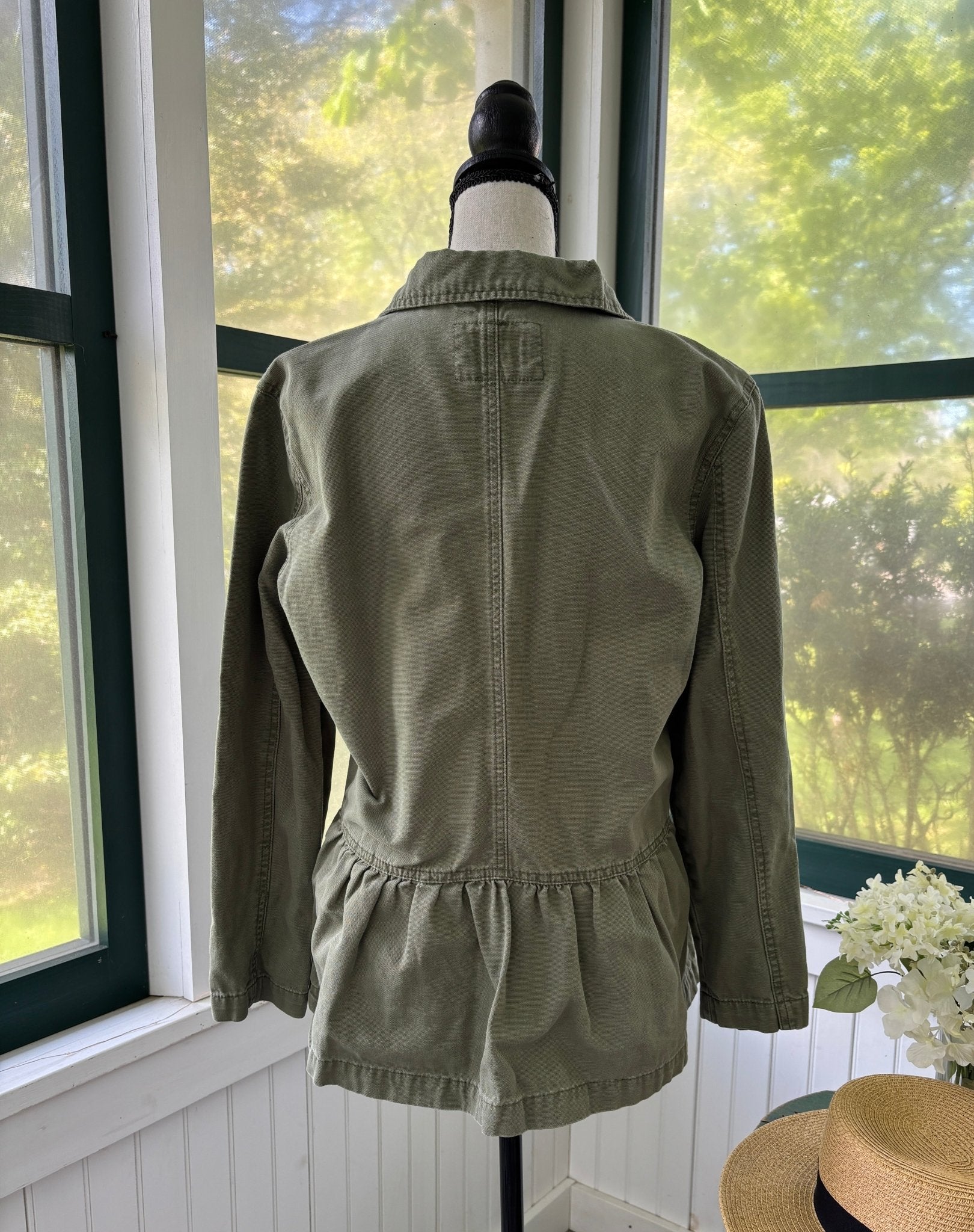 Curve Appeal olive green utility jacket back view peplum ruffle waist detail like new Sassy and Chic