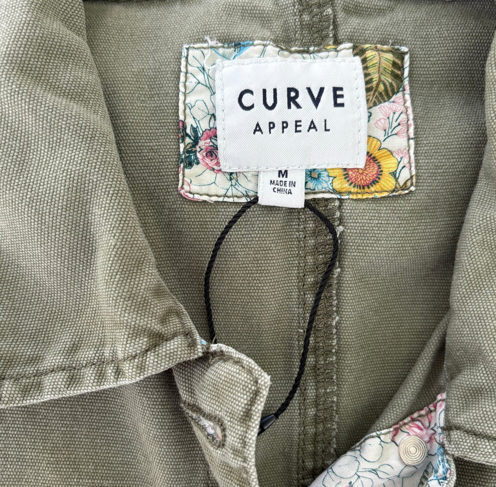 Curve Appeal olive utility jacket floral lining detail collar cuffs thrifted jackets Sassy and Chic