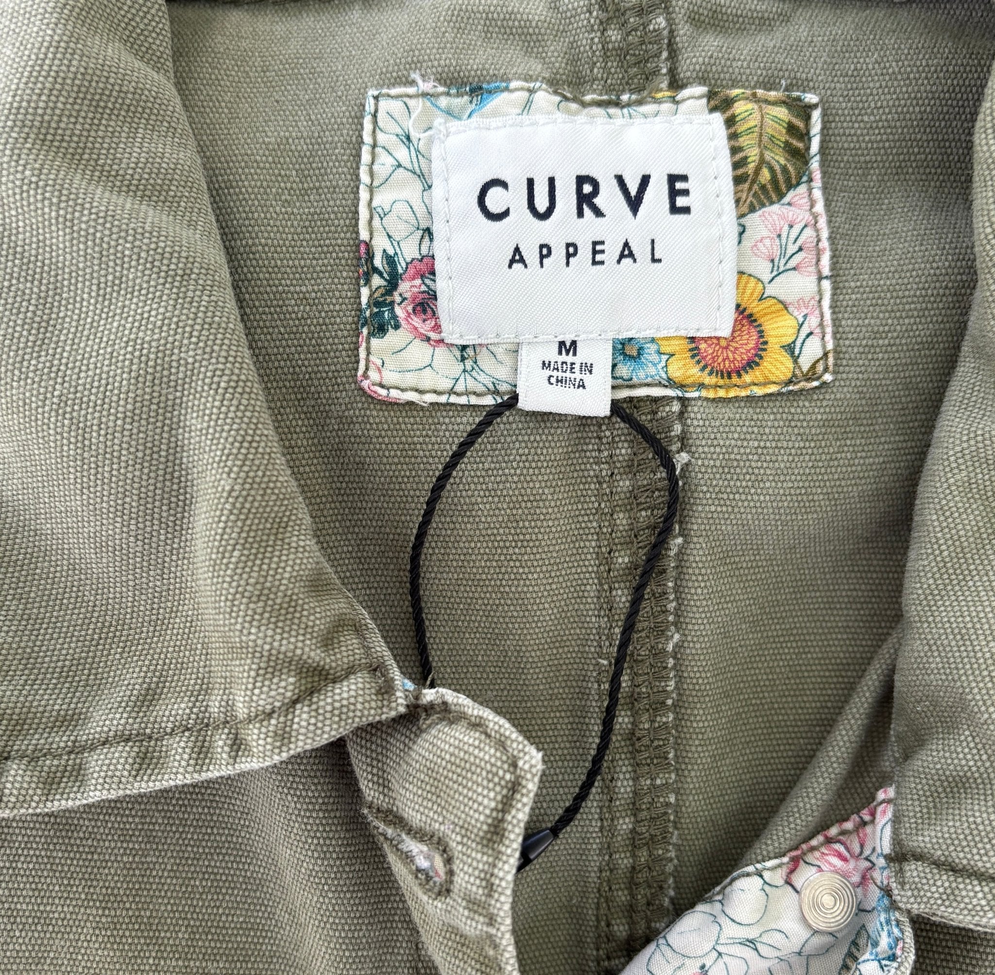 Curve Appeal olive utility jacket floral lining detail collar cuffs thrifted jackets Sassy and Chic