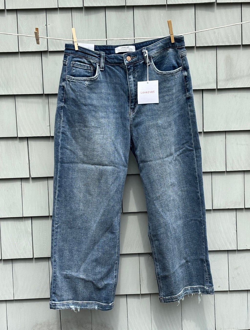 overvet high rise wide leg crop jeans medium wash front view thrifted jeans new with tags Sassy and Chic