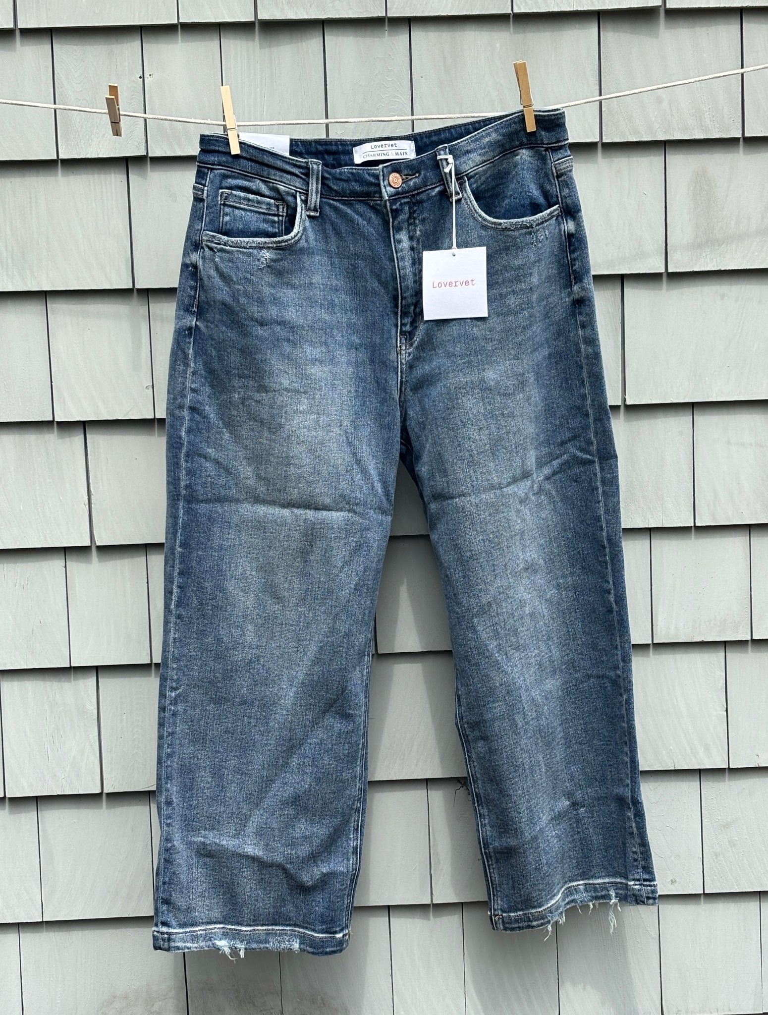 overvet high rise wide leg crop jeans medium wash front view thrifted jeans new with tags Sassy and Chic