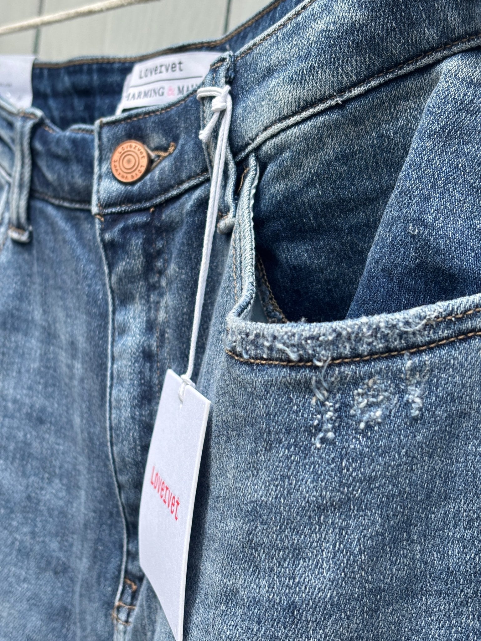 Lovervet high rise wide leg crop jeans distressed pocket detail close up thrifted jeans Sassy and Chic