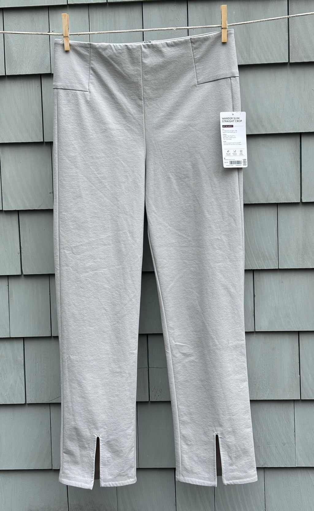 Athleta Wander Slim Straight Crop pants light grey front view thrifted pants new with tags Sassy and Chic