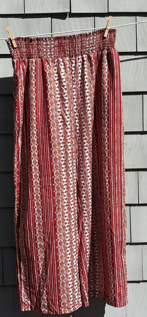 Cupshe wide leg rust boho print pants back view smocked waist thrifted pants Sassy and Chic