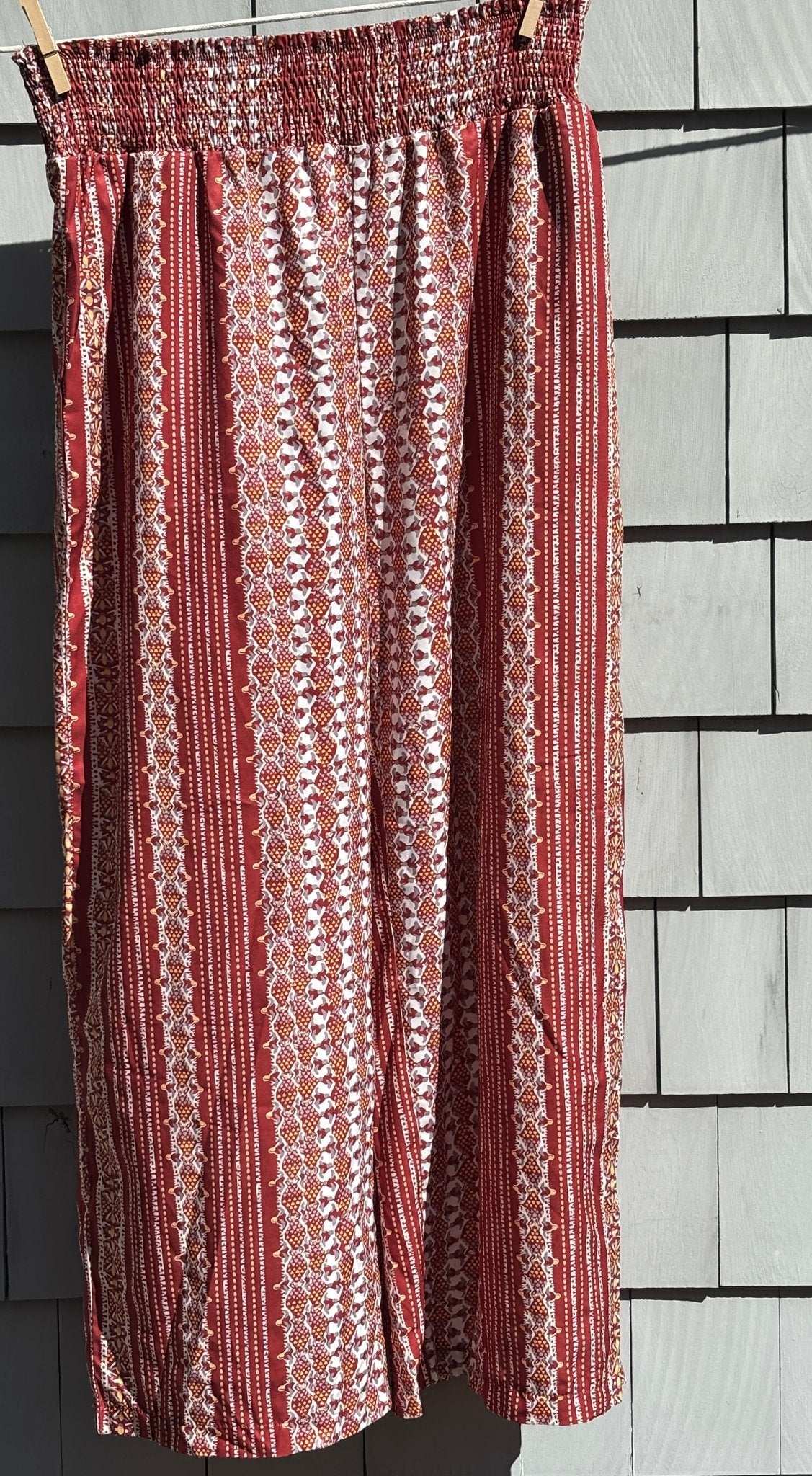Cupshe wide leg rust boho print pants front view thrifted pants new with tags Sassy and Chic