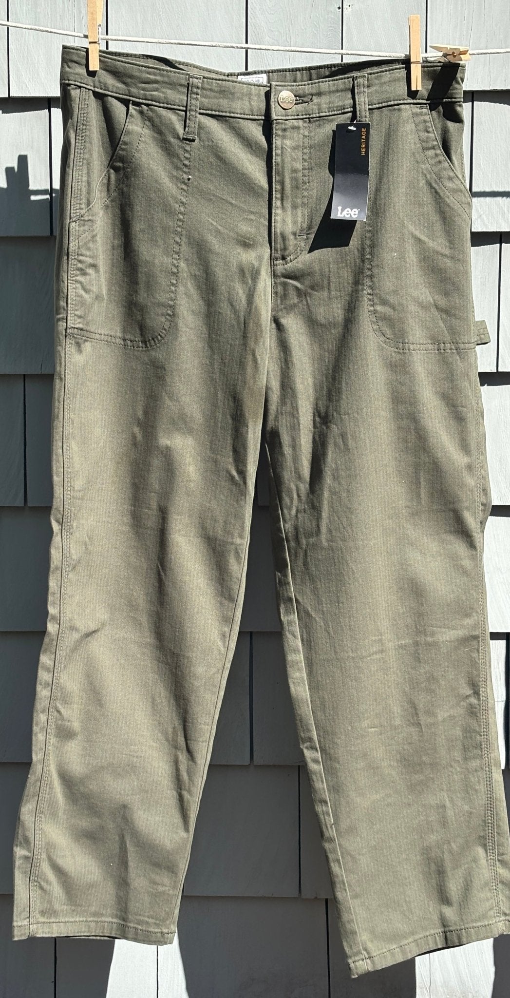 Lee Heritage carpenter pants olive green front view thrifted pants new with tags Sassy and Chic