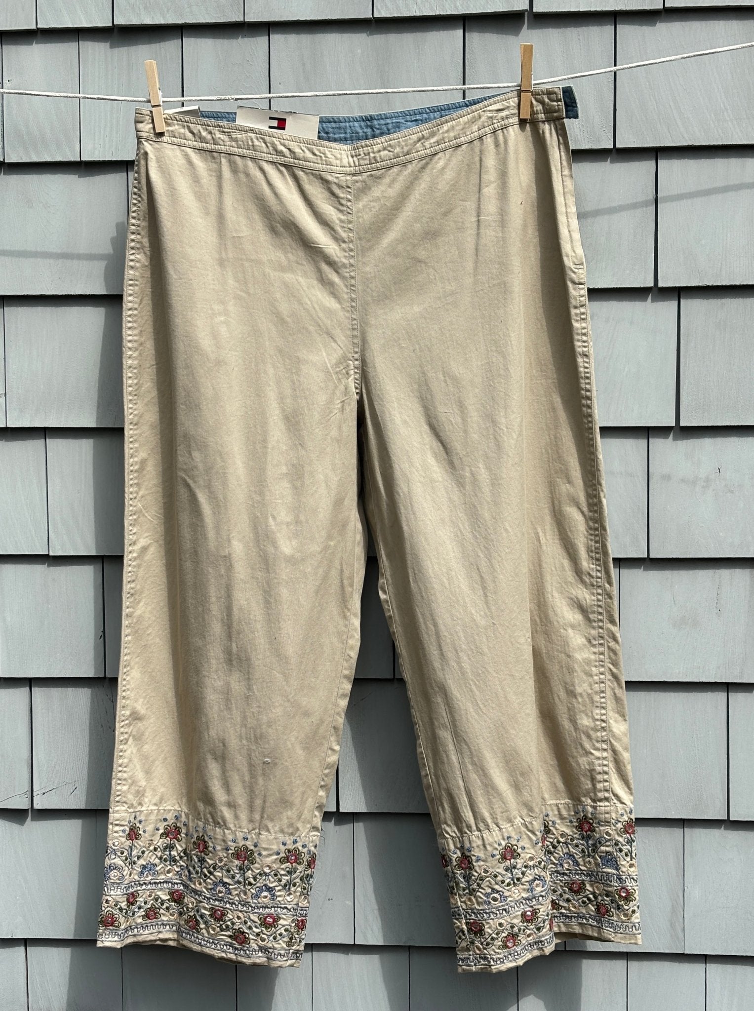 Tommy Hilfiger khaki crop pants embroidered mirror hem front view thrifted pants new with tags Sassy and Chic