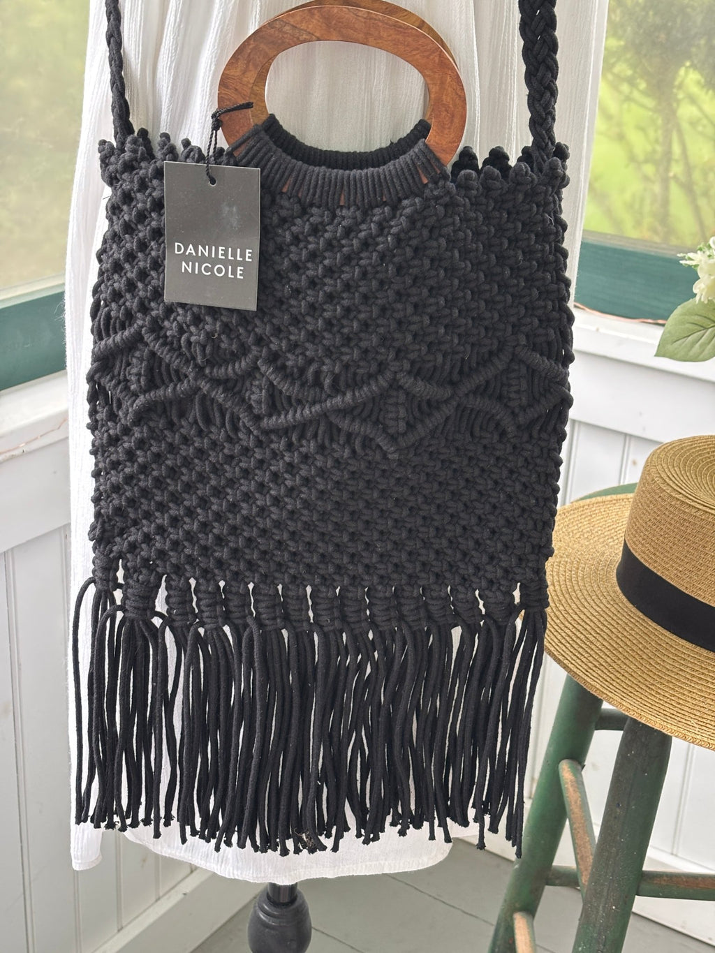 Danielle Nicole black macrame fringe bag wood handle close up thrifted satchels new with tags Sassy and Chic