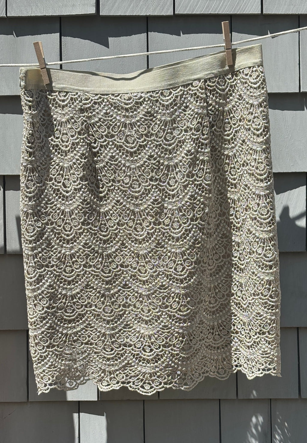 Ann Taylor ivory lace pencil skirt back view grosgrain waistband thrifted skirts Sassy and Chic