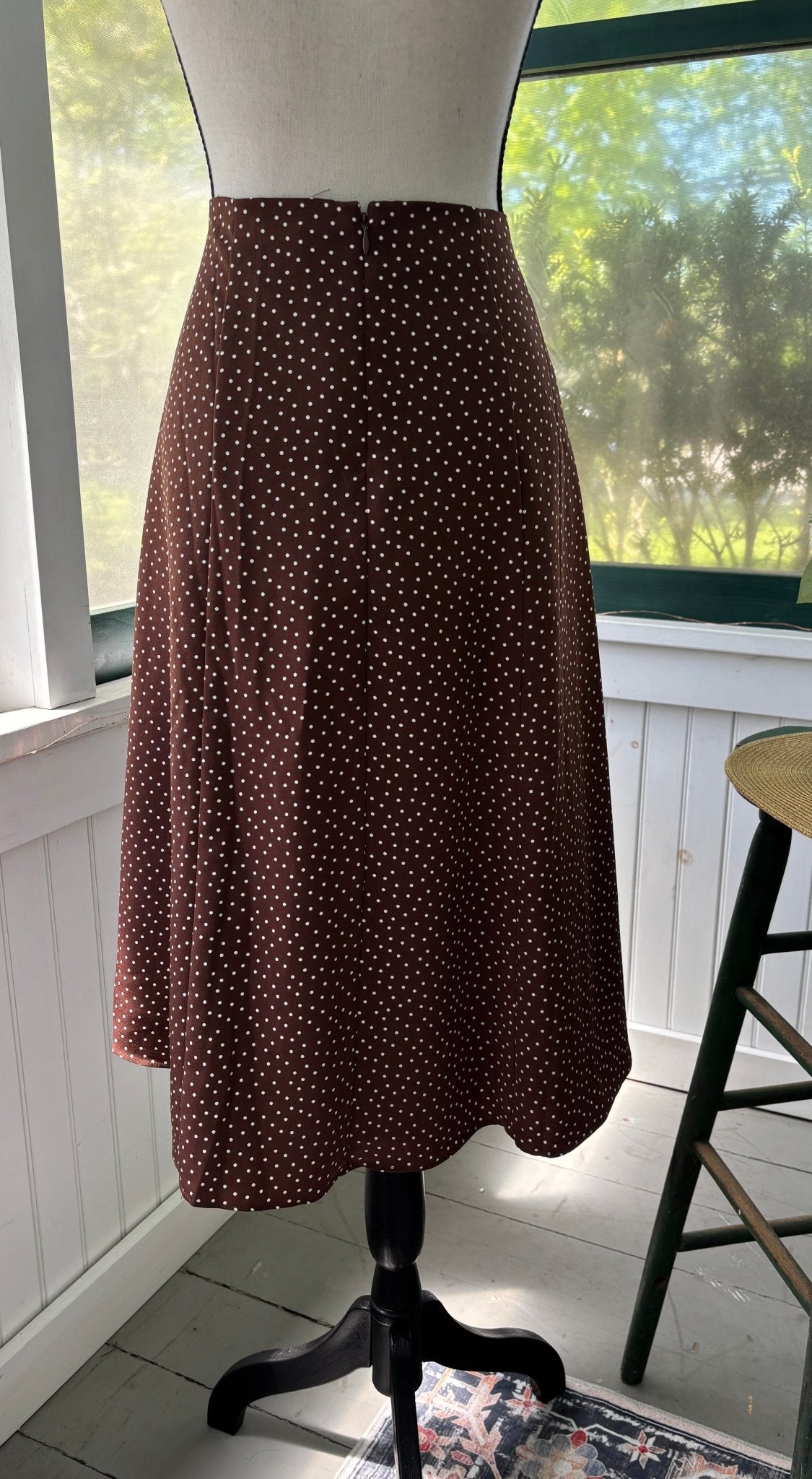 WHBM brown polka dot A-line midi skirt back view zip closure flowy silhouette Sassy and Chic