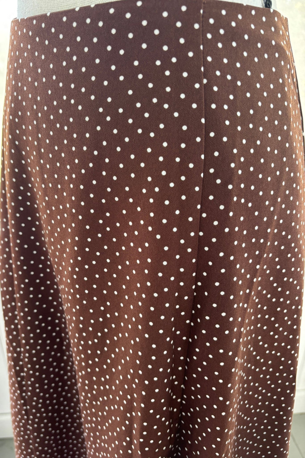 WHBM brown polka dot A-line midi skirt detail close up polka dot print like new Sassy and Chic