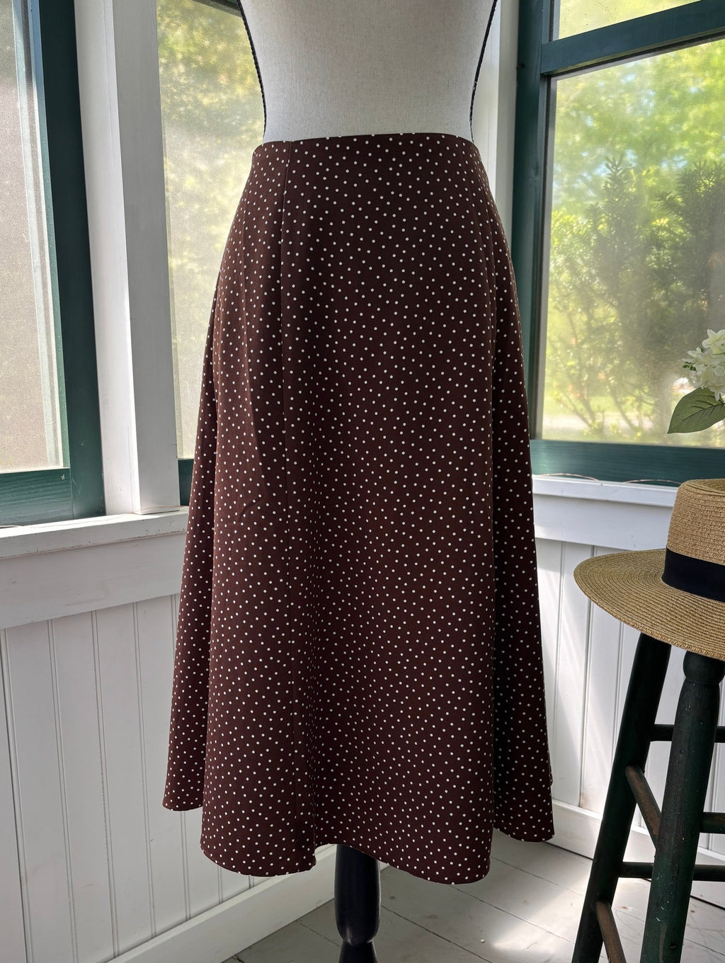 WHBM brown polka dot A-line midi skirt front view high waist thrifted skirts Sassy and Chic