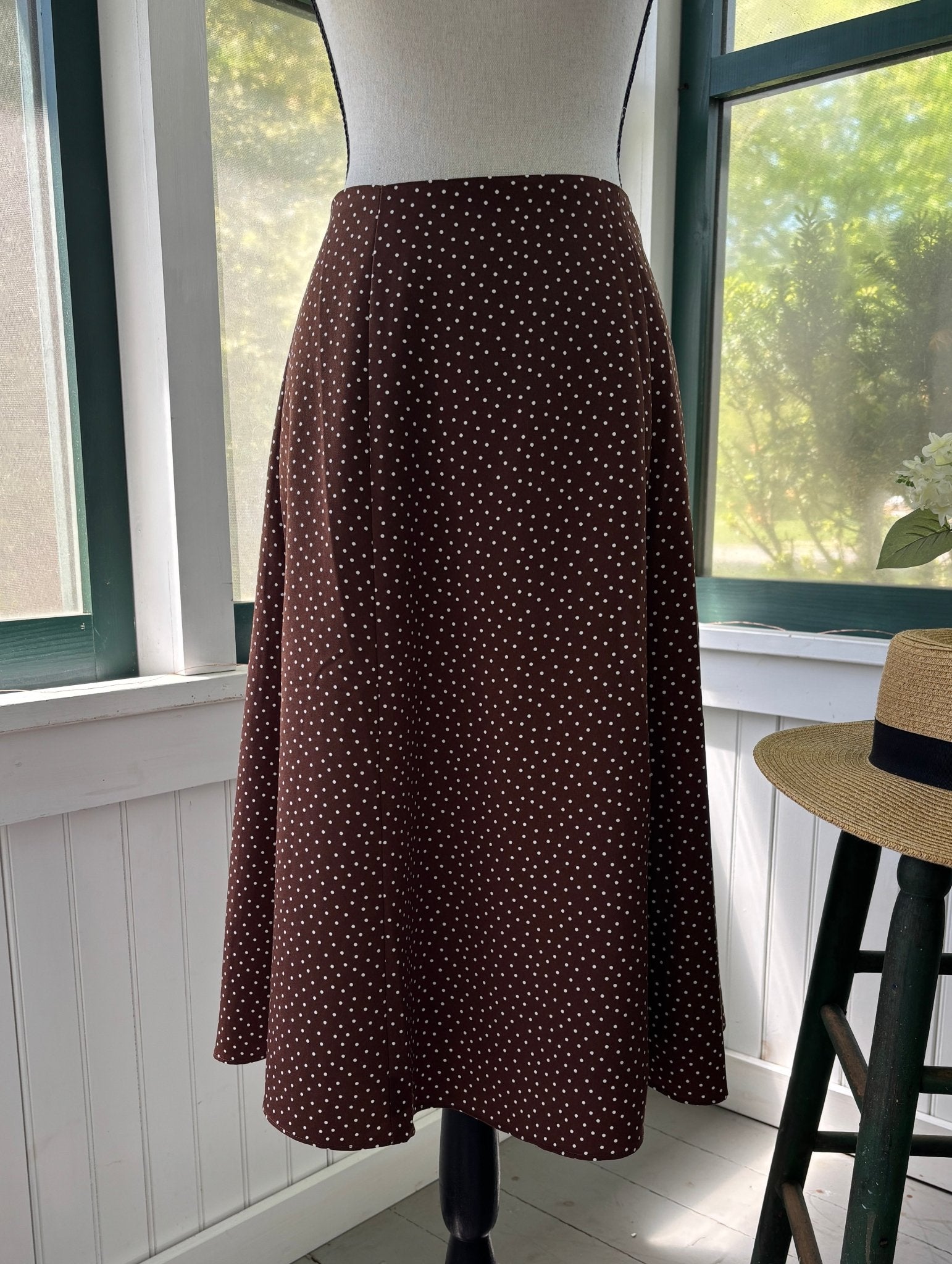 WHBM brown polka dot A-line midi skirt front view high waist thrifted skirts Sassy and Chic